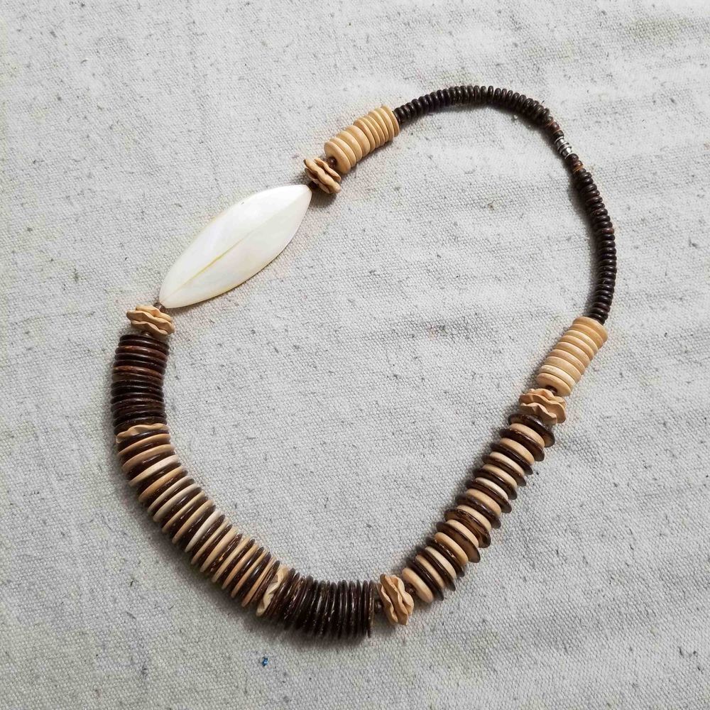 Iridescent wood bead necklace